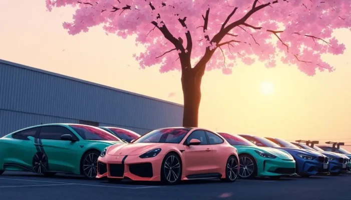 A variety of anime-themed cars with futuristic and kawaii designs parked under cherry blossom trees.