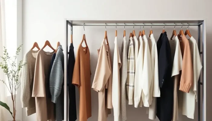 Open wardrobe with neatly organized neutral-toned clothing, reflecting simplicity.