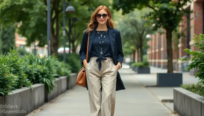 Person wearing a mix of modern and vintage clothing in a city with greenery