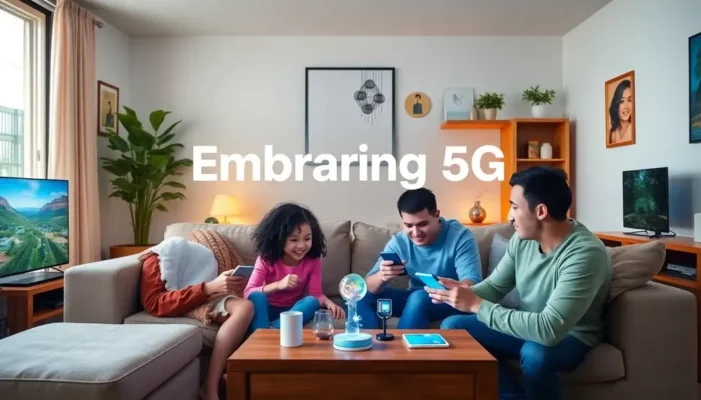 A family enjoying time together with multiple 5G-connected devices in a living room.