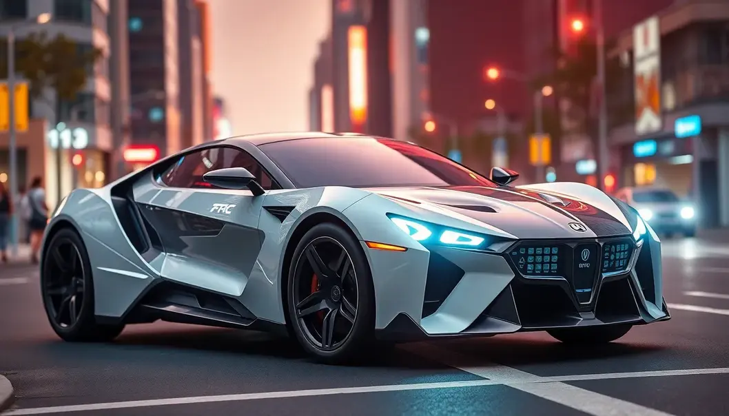 A futuristic car inspired by anime mecha, ready for new drivers.