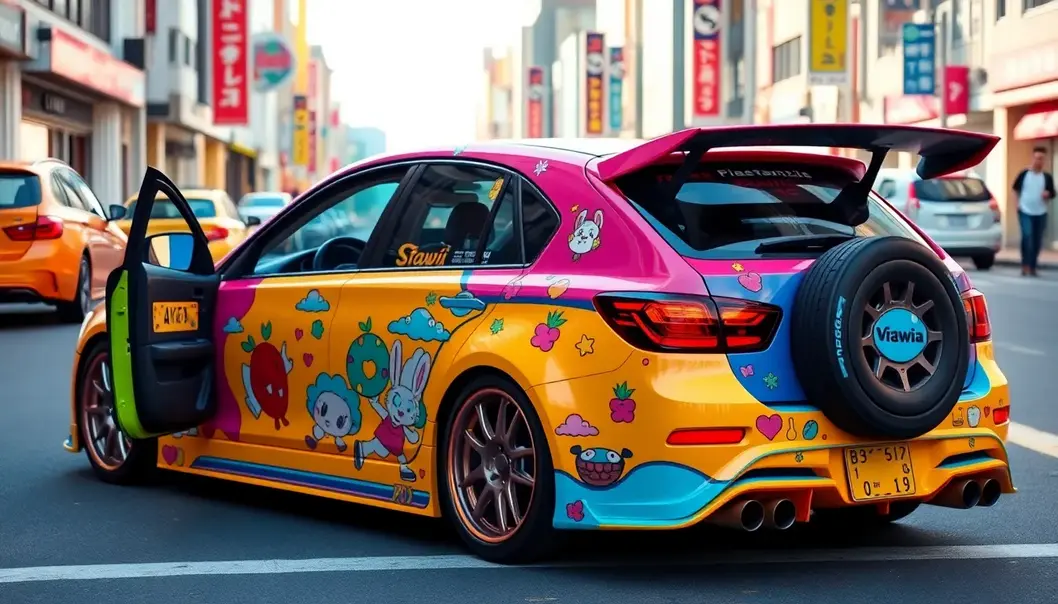 A futuristic car inspired by anime mecha, ready for new drivers.